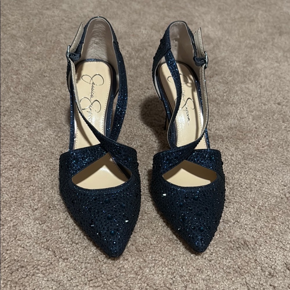 Jessica Simpson Navy Glitter Pointed Toe Slingback Heels